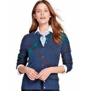 LANDS END Blackwatch Plaid Cardigan Sweater Womens Sz 1X Button Up Supima Cotton